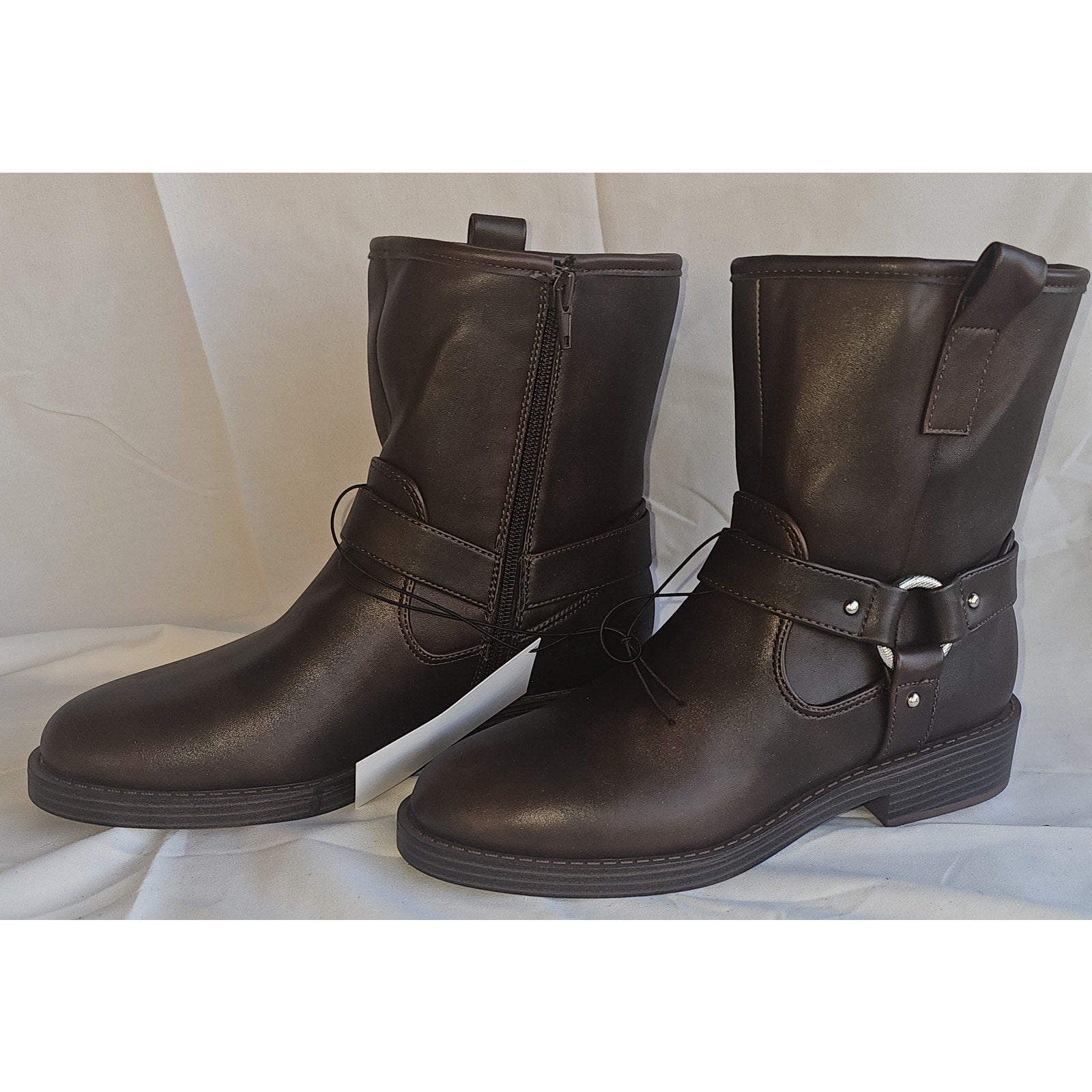 DV Dolce Vita Poca Harness-Strap Moto Booties for Women - Stylish & Durable Motorcycle-Inspired Footwear - Brown