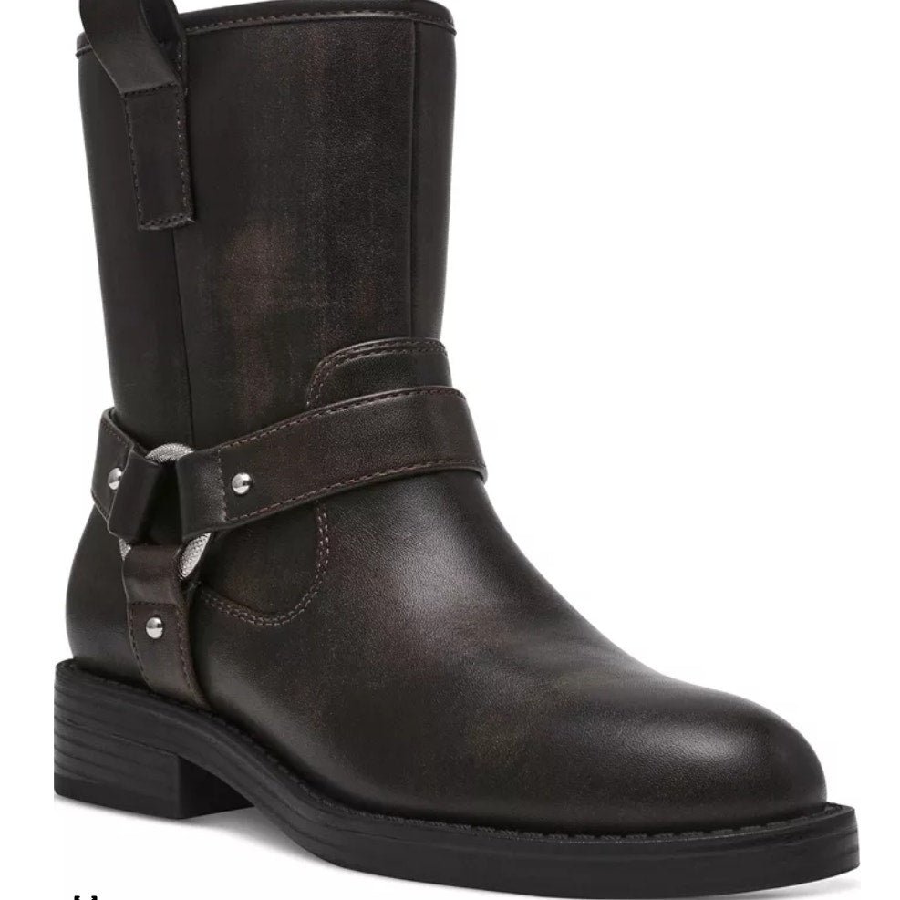 DV Dolce Vita Poca Harness-Strap Moto Booties for Women - Stylish & Durable Motorcycle-Inspired Footwear - Brown