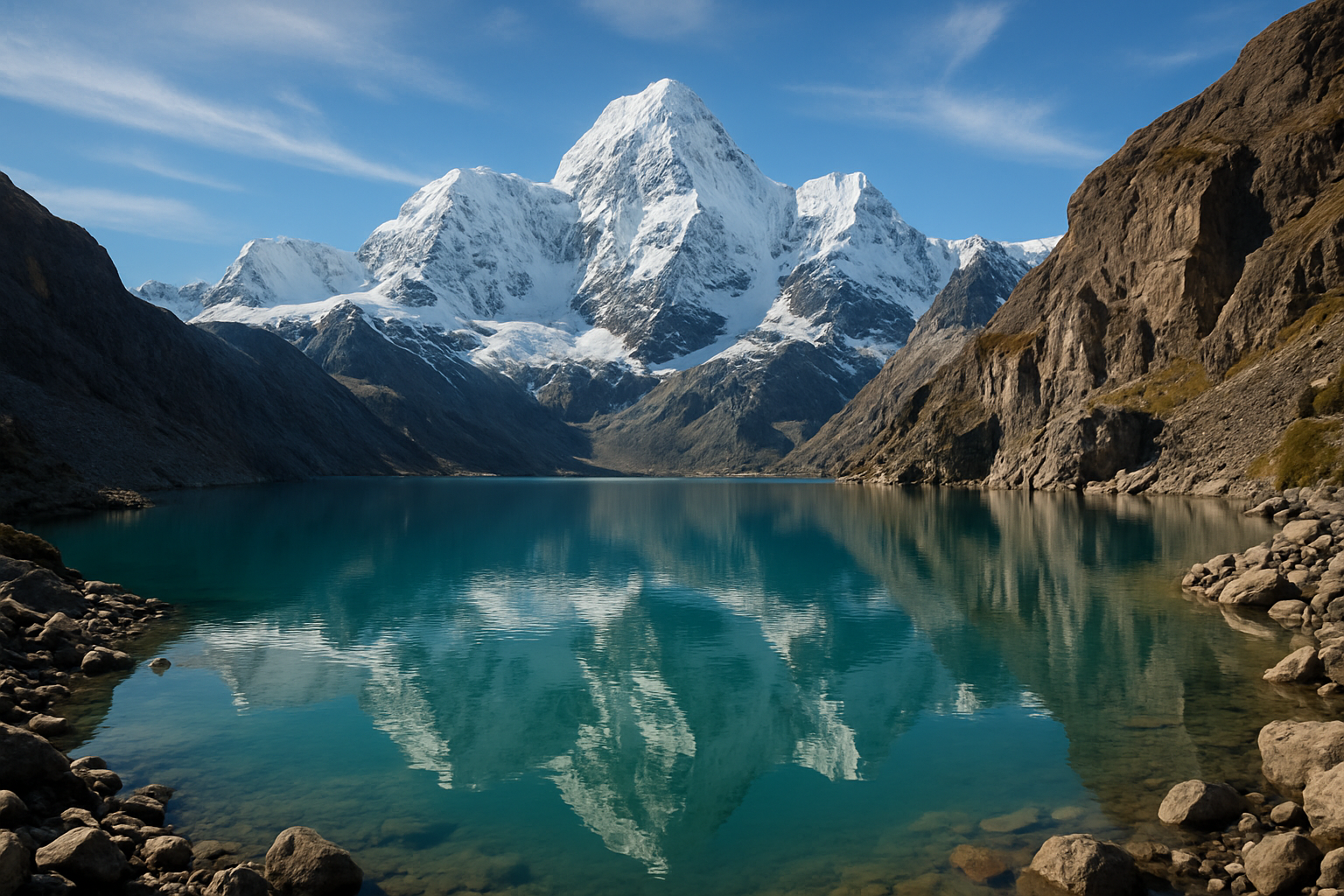 snow capped mountain range with a lake in the forground